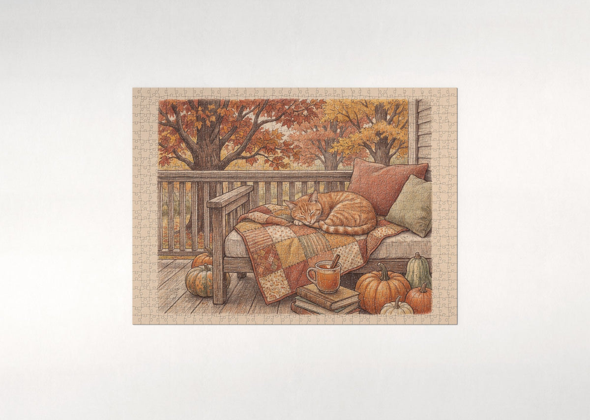 Orange Tabby On the Autumn Quilt jigsaw puzzle - flat puzzle