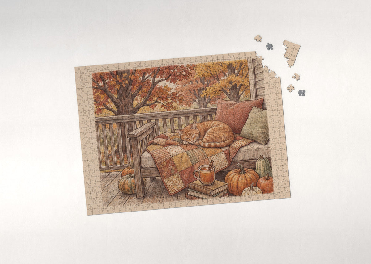 Orange Tabby On the Autumn Quilt jigsaw puzzle - puzzle with loose pieces