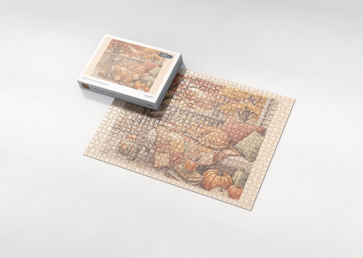 Orange Tabby On the Autumn Quilt jigsaw puzzle - box and puzzle