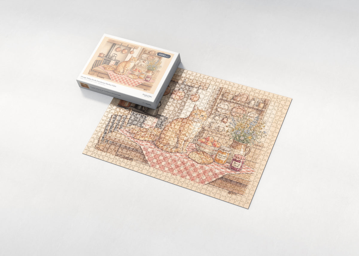 Orange Tabby On the Farmhouse Kitchen Table jigsaw puzzle - box and puzzle