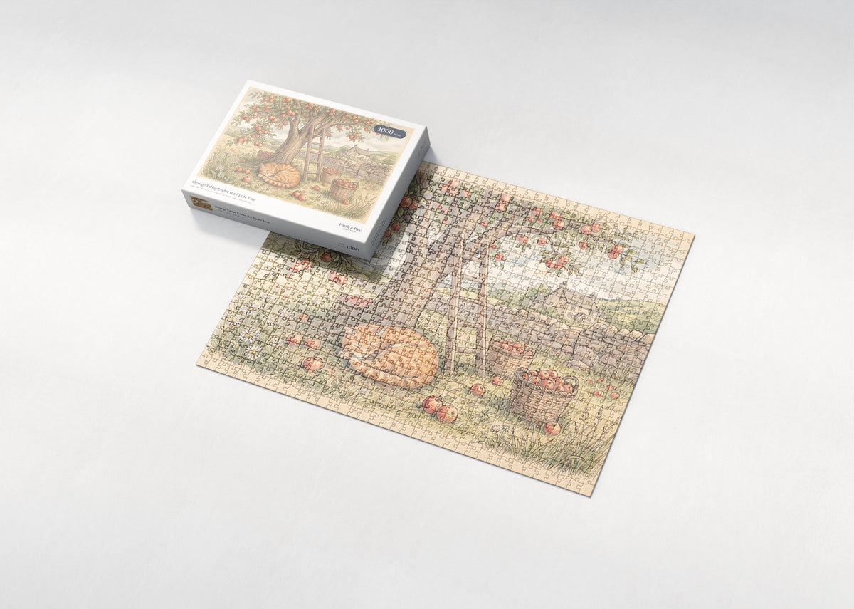 Orange Tabby Under the Apple Tree jigsaw puzzle - box and puzzle