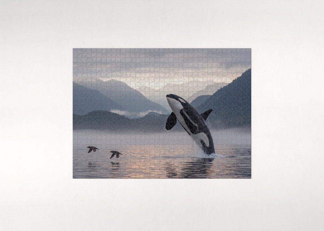 Orca Breaching at Sunset jigsaw puzzle - gift box