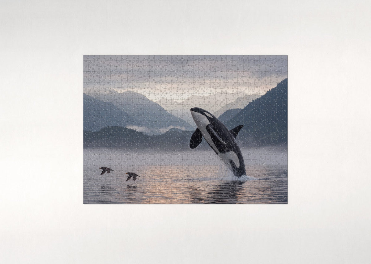 Orca Breaching at Sunset jigsaw puzzle - flat puzzle