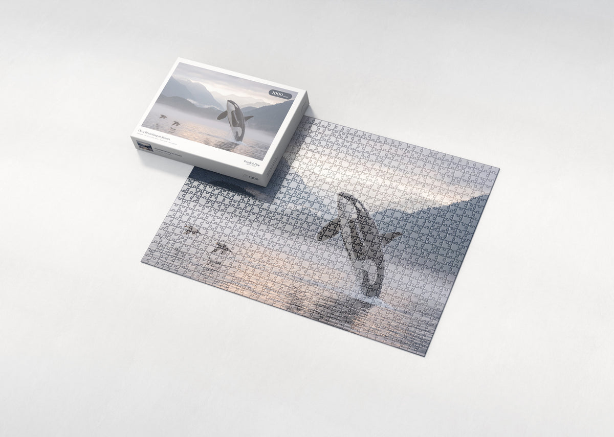 Orca Breaching at Sunset jigsaw puzzle - box and puzzle
