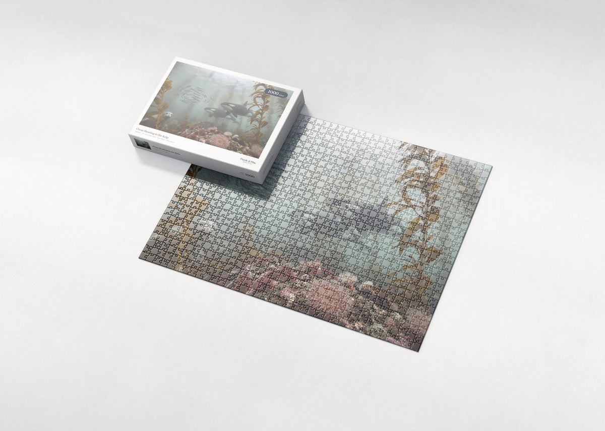 Orcas Hunting in the Kelp jigsaw puzzle - box and puzzle