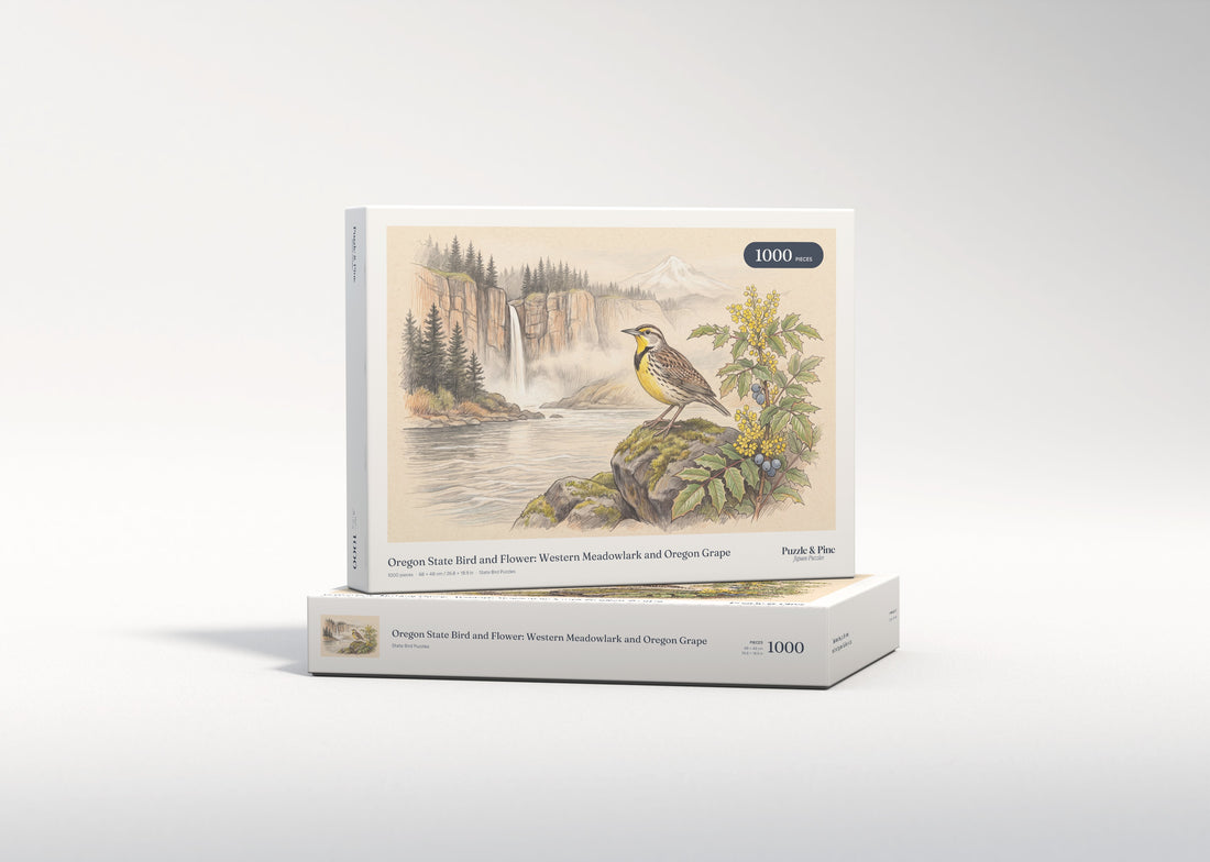 Oregon State Bird and Flower: Western Meadowlark and Oregon Grape jigsaw puzzle - gift box