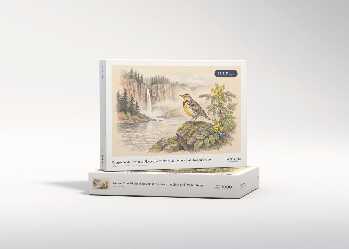 Oregon State Bird and Flower: Western Meadowlark and Oregon Grape jigsaw puzzle - gift box