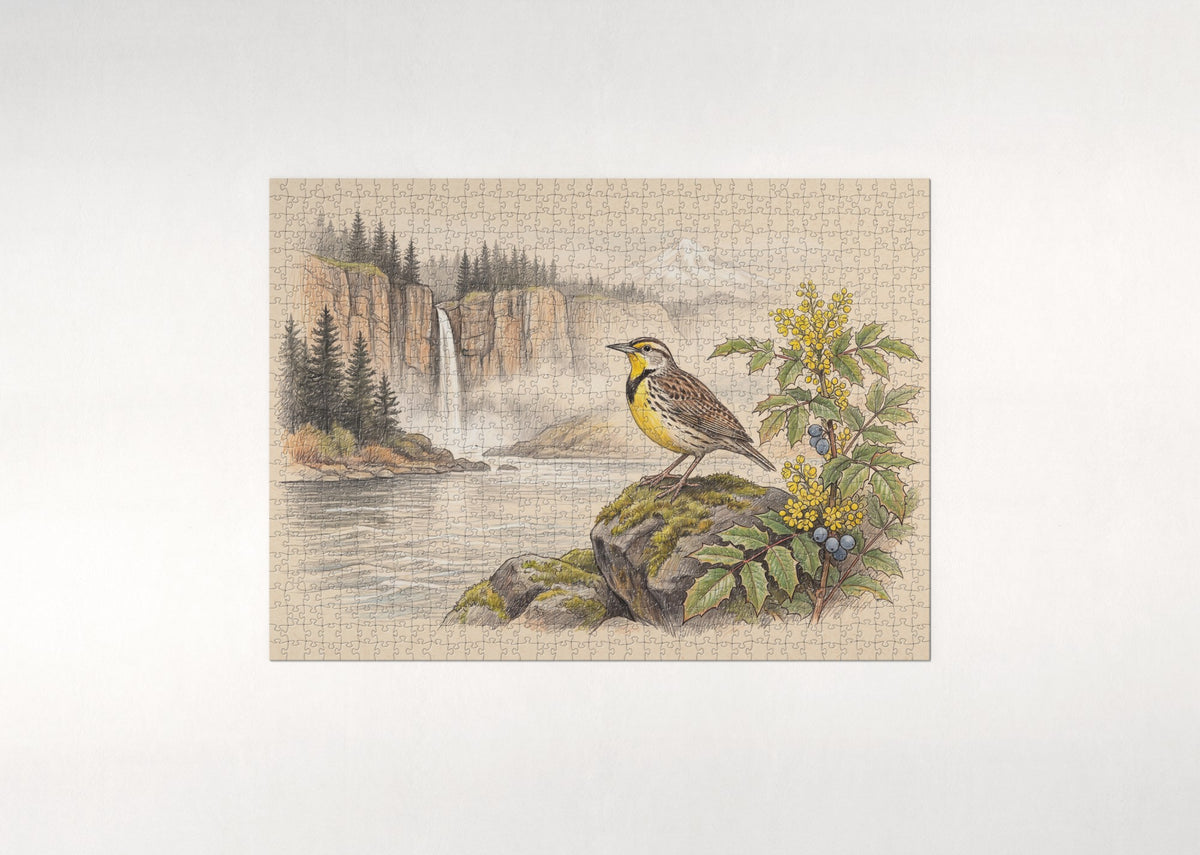Oregon State Bird and Flower: Western Meadowlark and Oregon Grape jigsaw puzzle - flat puzzle