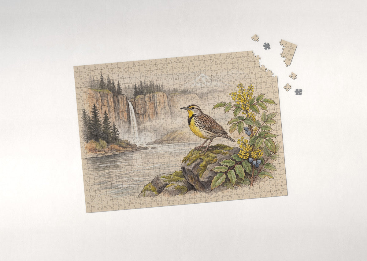 Oregon State Bird and Flower: Western Meadowlark and Oregon Grape jigsaw puzzle - puzzle with loose pieces