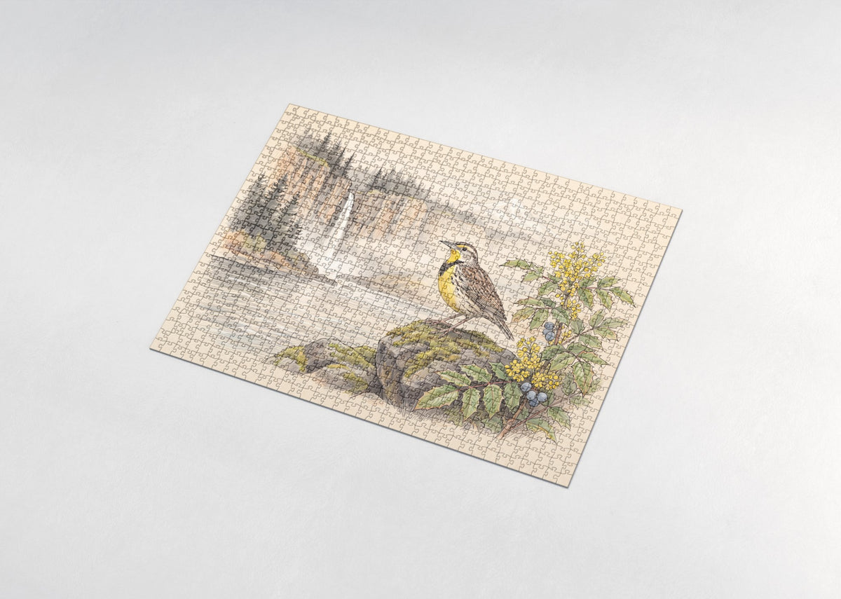 Oregon State Bird and Flower: Western Meadowlark and Oregon Grape jigsaw puzzle - assembled puzzle