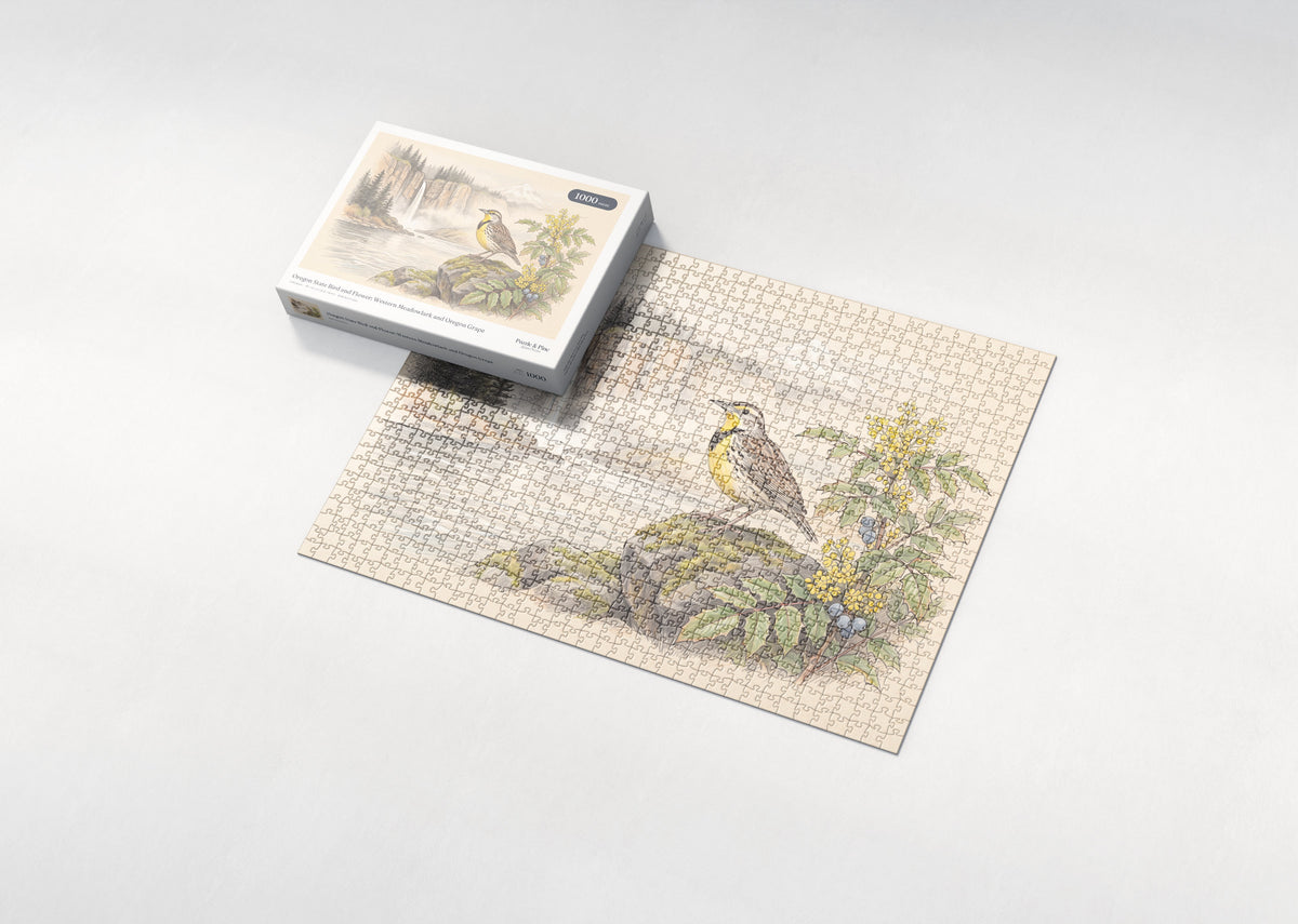 Oregon State Bird and Flower: Western Meadowlark and Oregon Grape jigsaw puzzle - box and puzzle