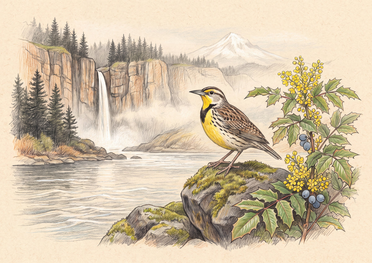 Oregon State Bird and Flower: Western Meadowlark and Oregon Grape jigsaw puzzle
