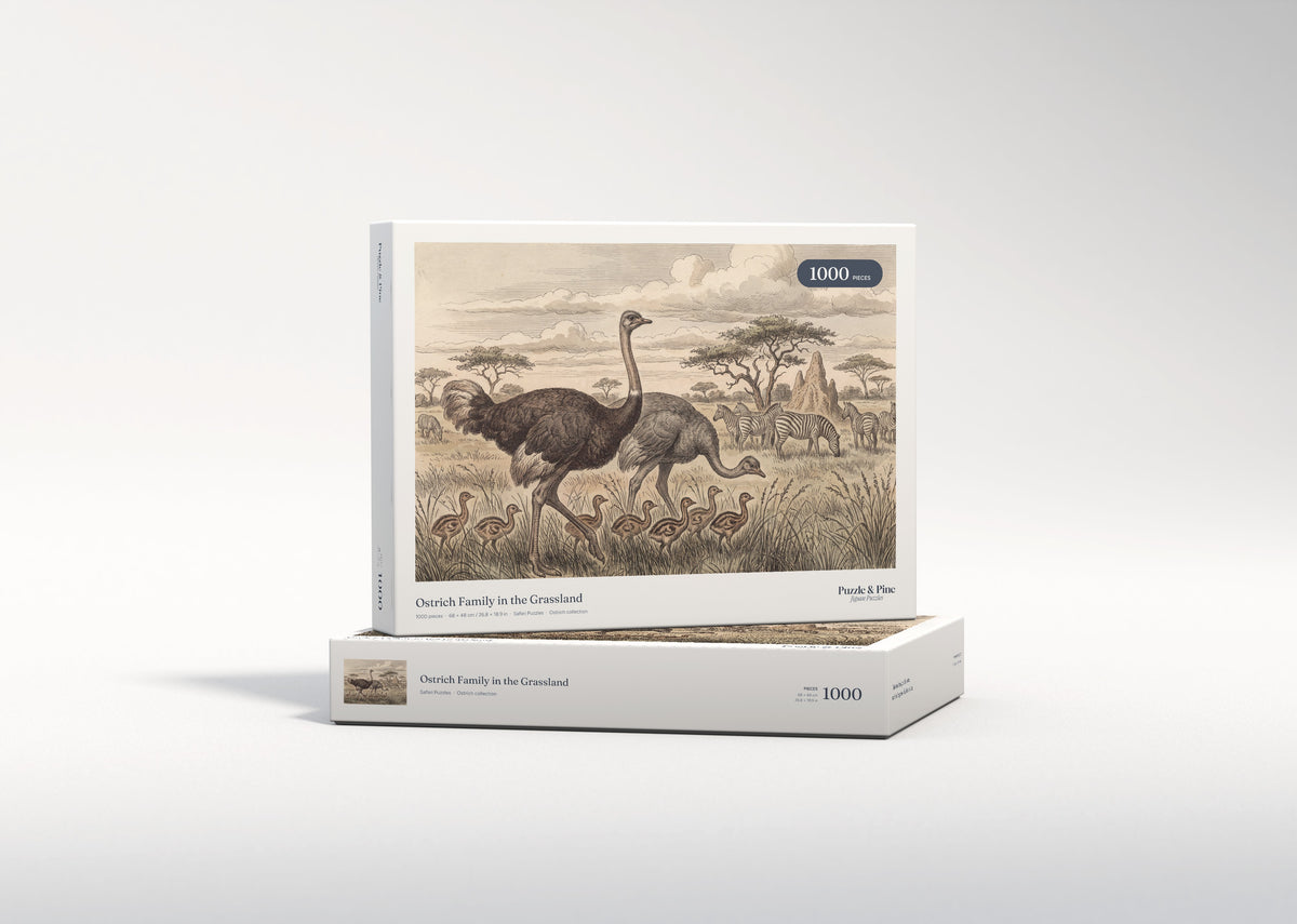 Ostrich Family in the Grassland jigsaw puzzle - gift box