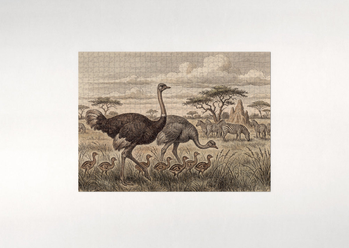 Ostrich Family in the Grassland jigsaw puzzle - flat puzzle