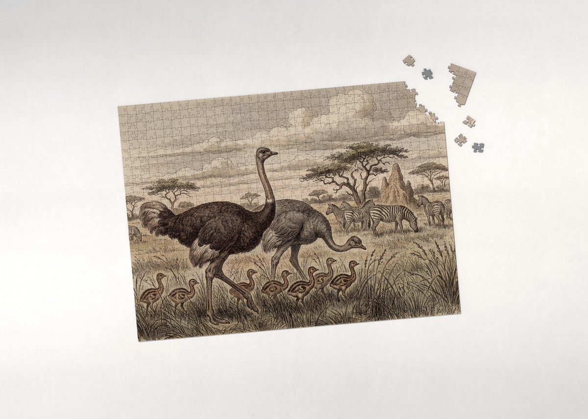 Ostrich Family in the Grassland jigsaw puzzle - puzzle with loose pieces