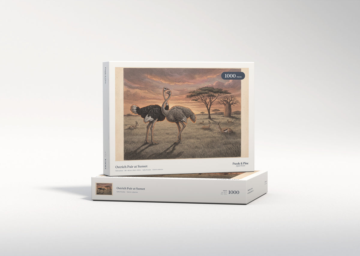 Ostrich Pair at Sunset jigsaw puzzle - gift box