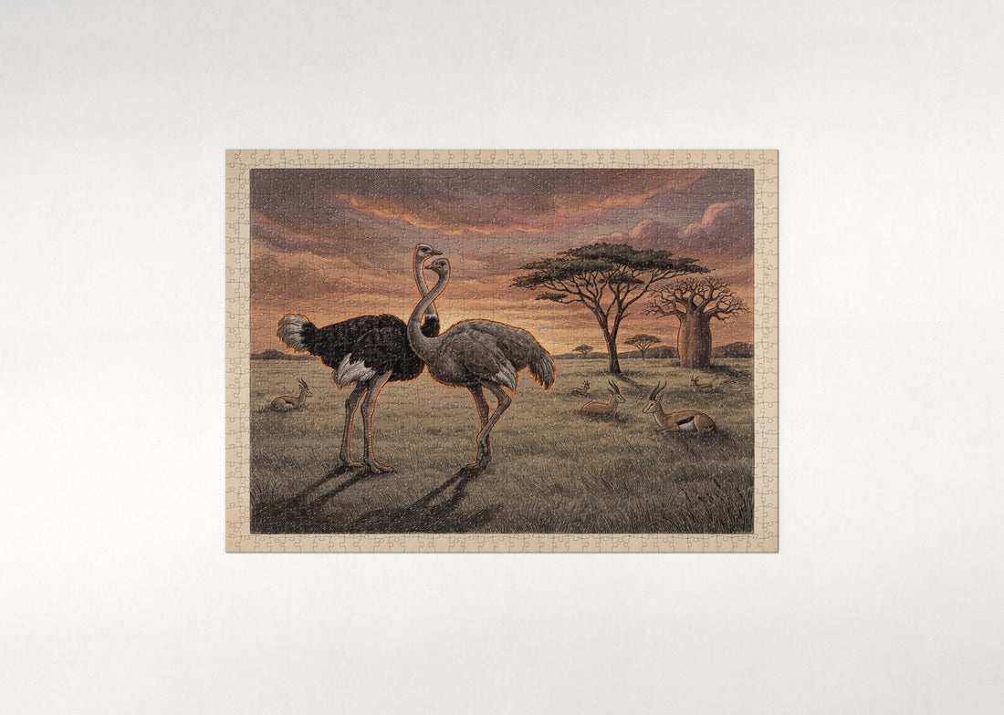 Ostrich Pair at Sunset jigsaw puzzle - gift box