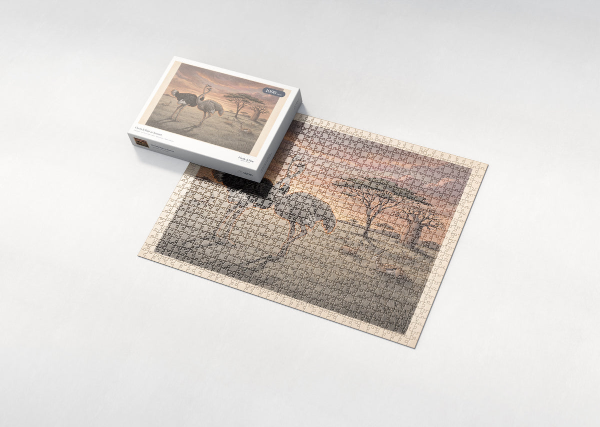Ostrich Pair at Sunset jigsaw puzzle - box and puzzle