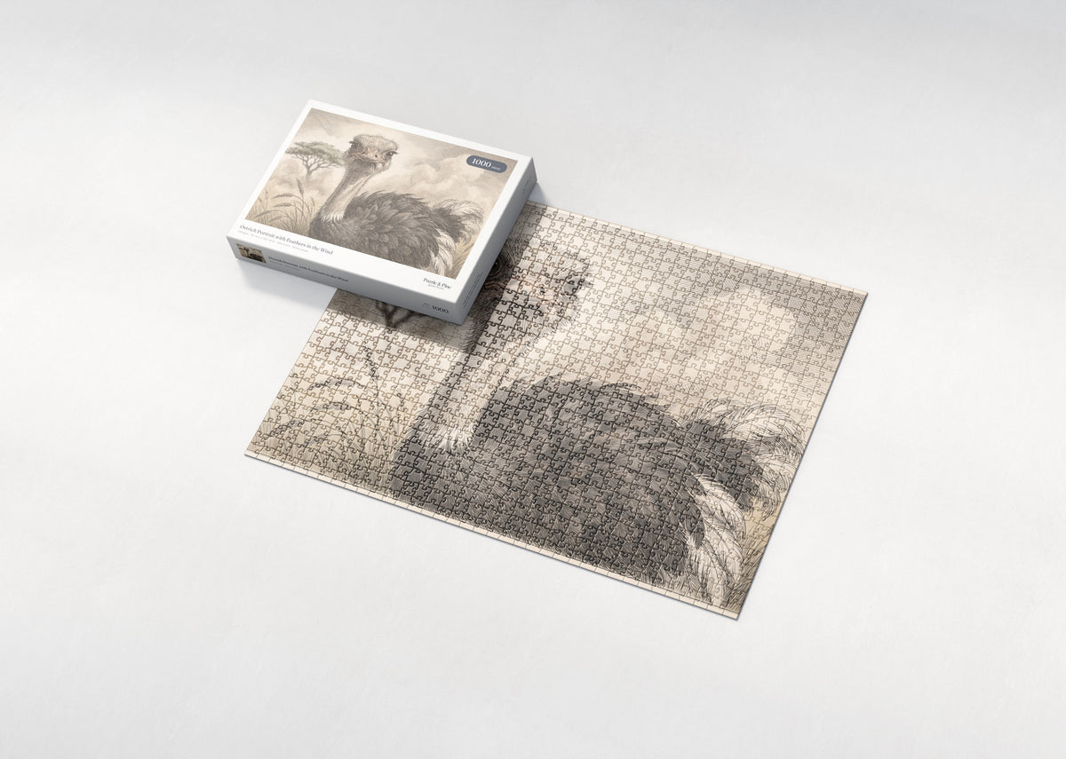 Ostrich Portrait with Feathers in the Wind jigsaw puzzle - box and puzzle