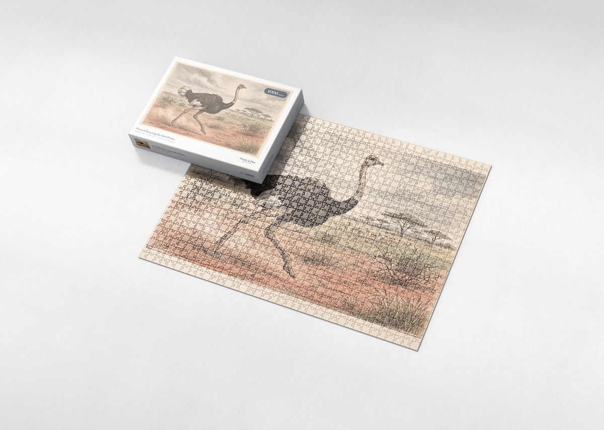 Ostrich Running the Red Plains jigsaw puzzle - box and puzzle