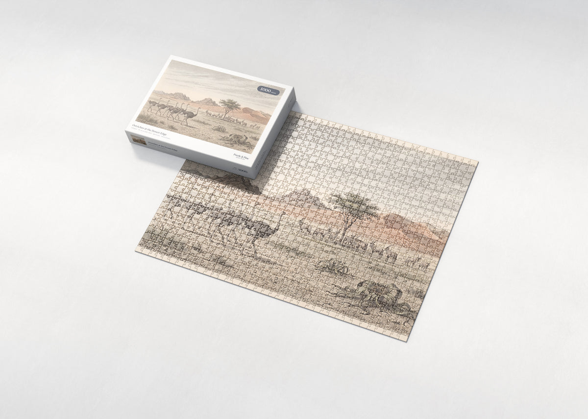 Ostriches at the Desert Edge jigsaw puzzle - box and puzzle