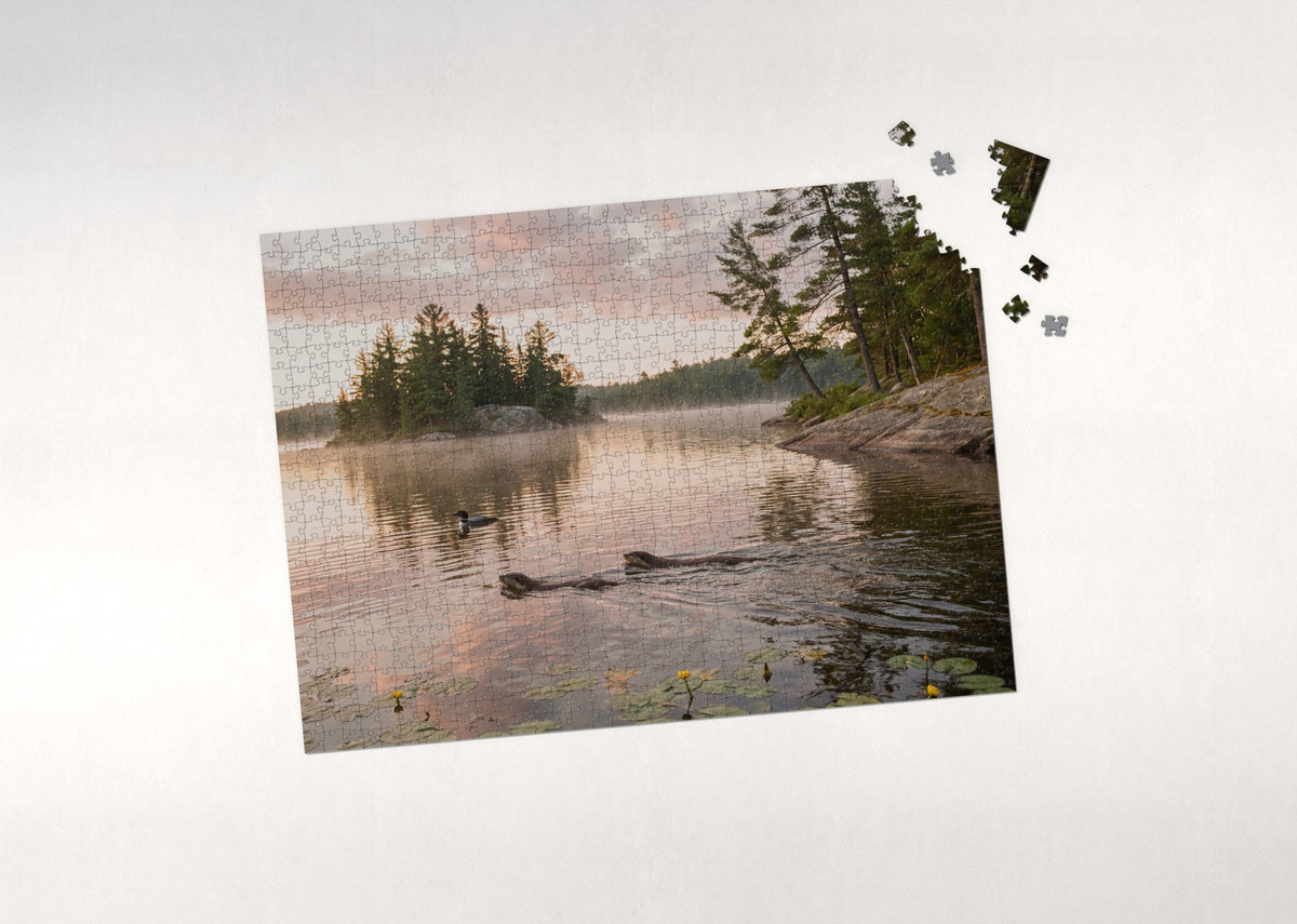 Otters at the Lake Sunrise jigsaw puzzle - puzzle with loose pieces