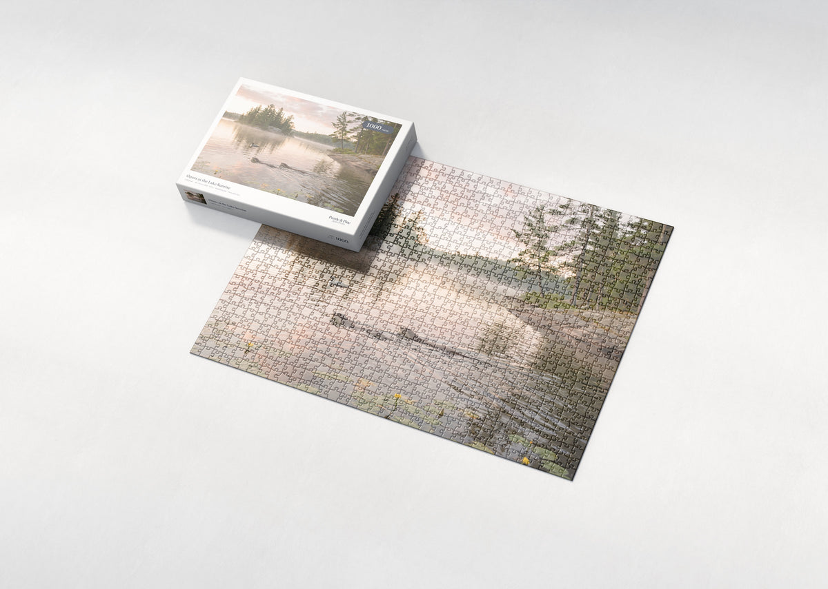 Otters at the Lake Sunrise jigsaw puzzle - box and puzzle