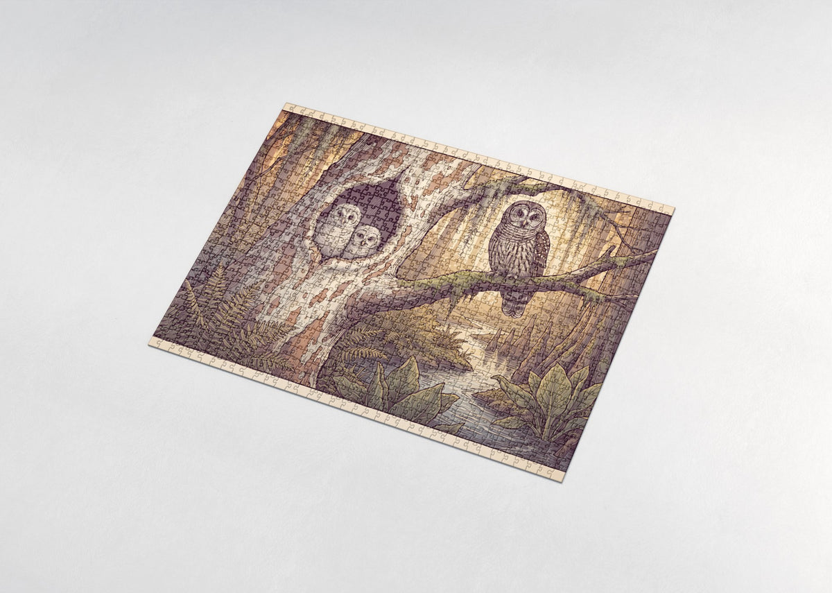 Owl Family in the Hollow Tree jigsaw puzzle - assembled puzzle