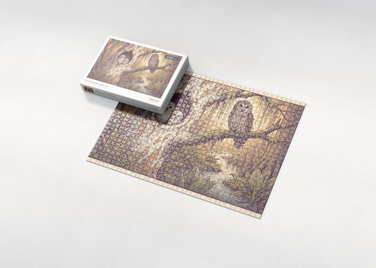 Owl Family in the Hollow Tree jigsaw puzzle - box and puzzle