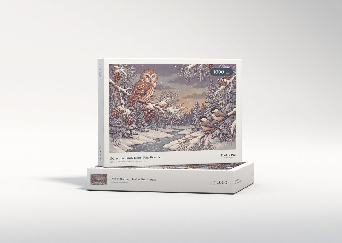 Owl on the Snow Laden Pine Branch jigsaw puzzle - gift box