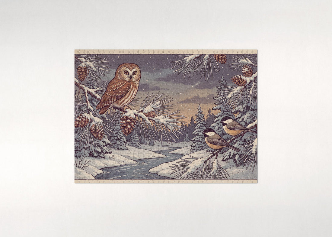Owl on the Snow Laden Pine Branch jigsaw puzzle - gift box