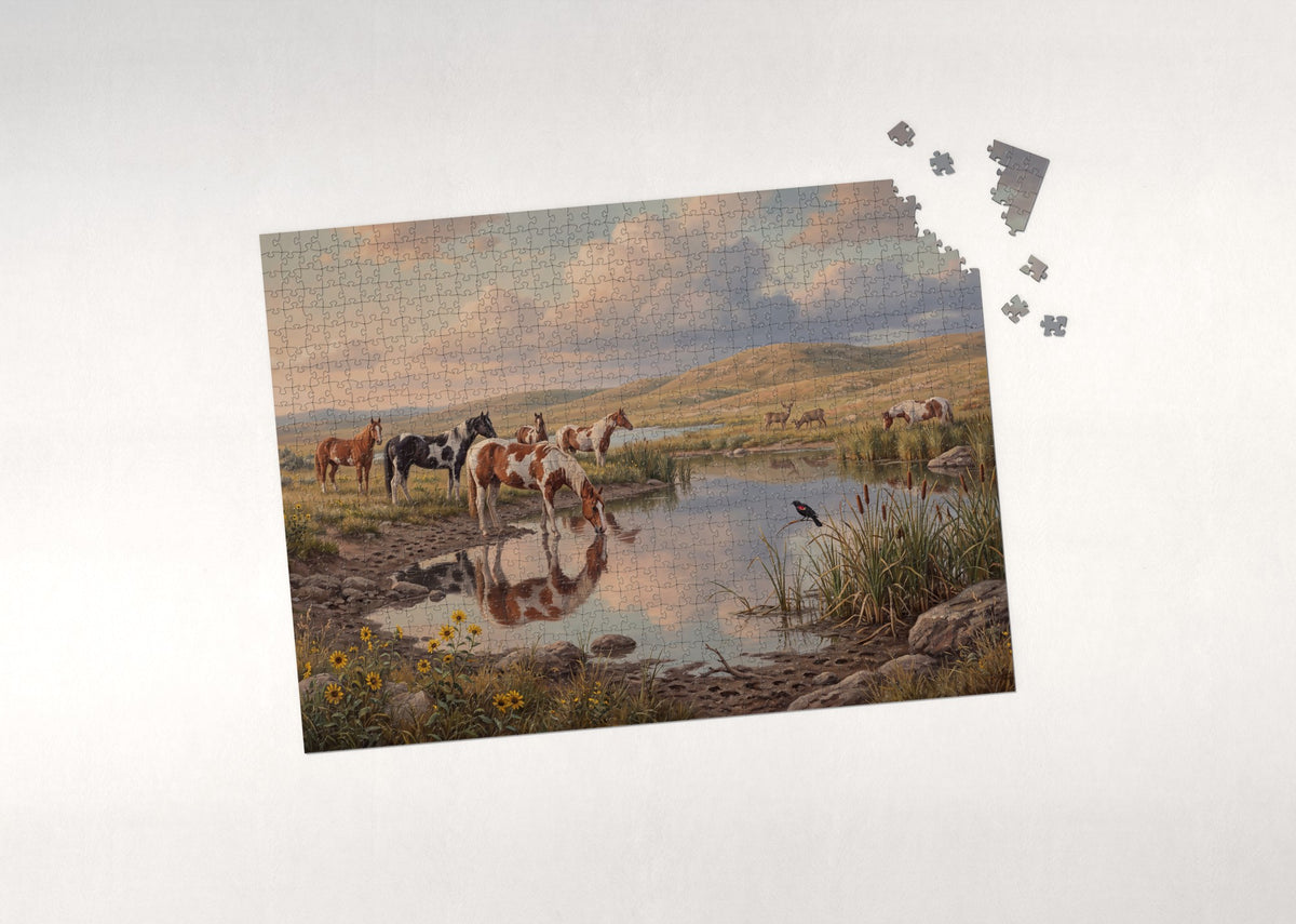 Paint Horses at the Prairie Waterhole jigsaw puzzle - puzzle with loose pieces