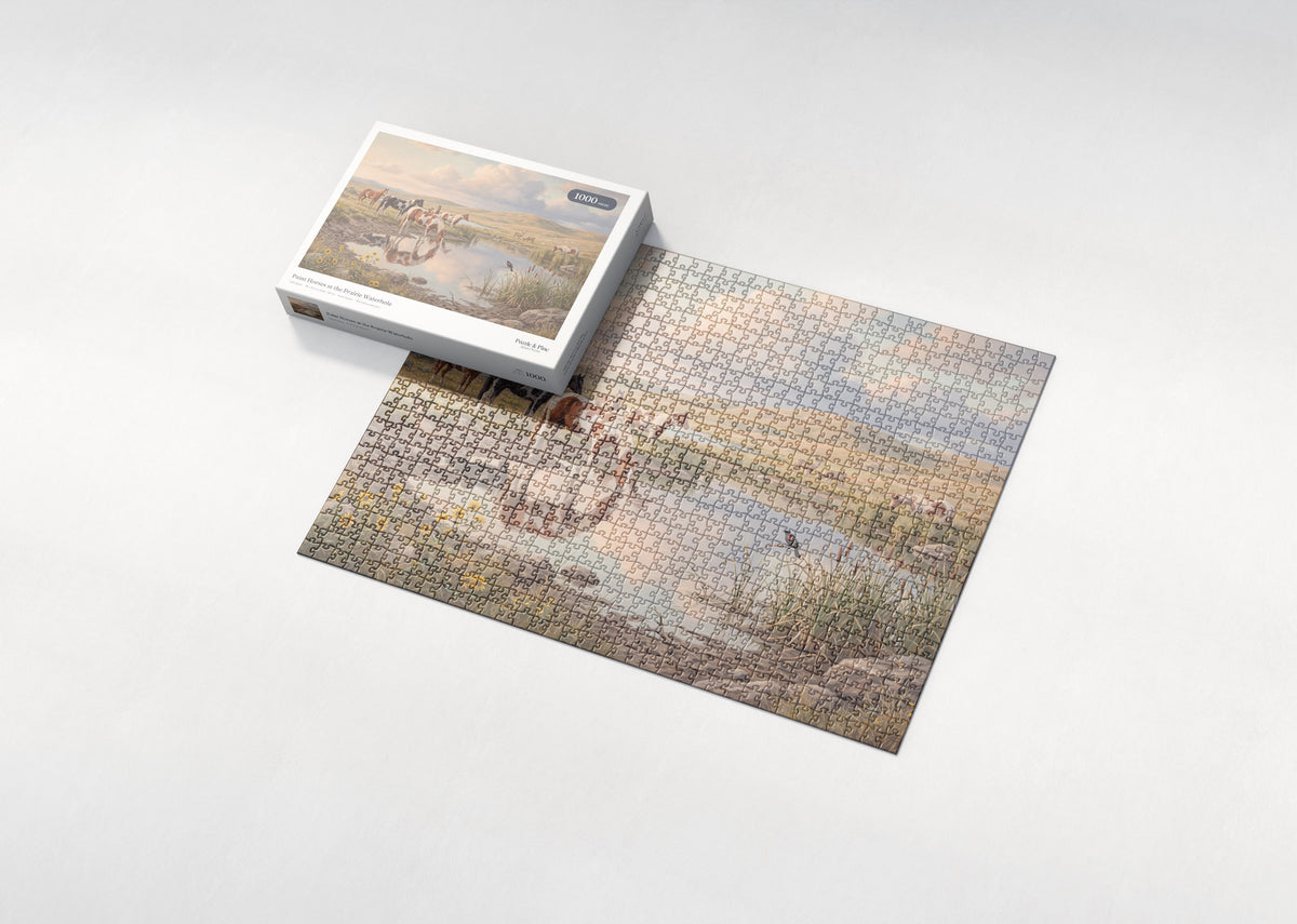 Paint Horses at the Prairie Waterhole jigsaw puzzle - box and puzzle