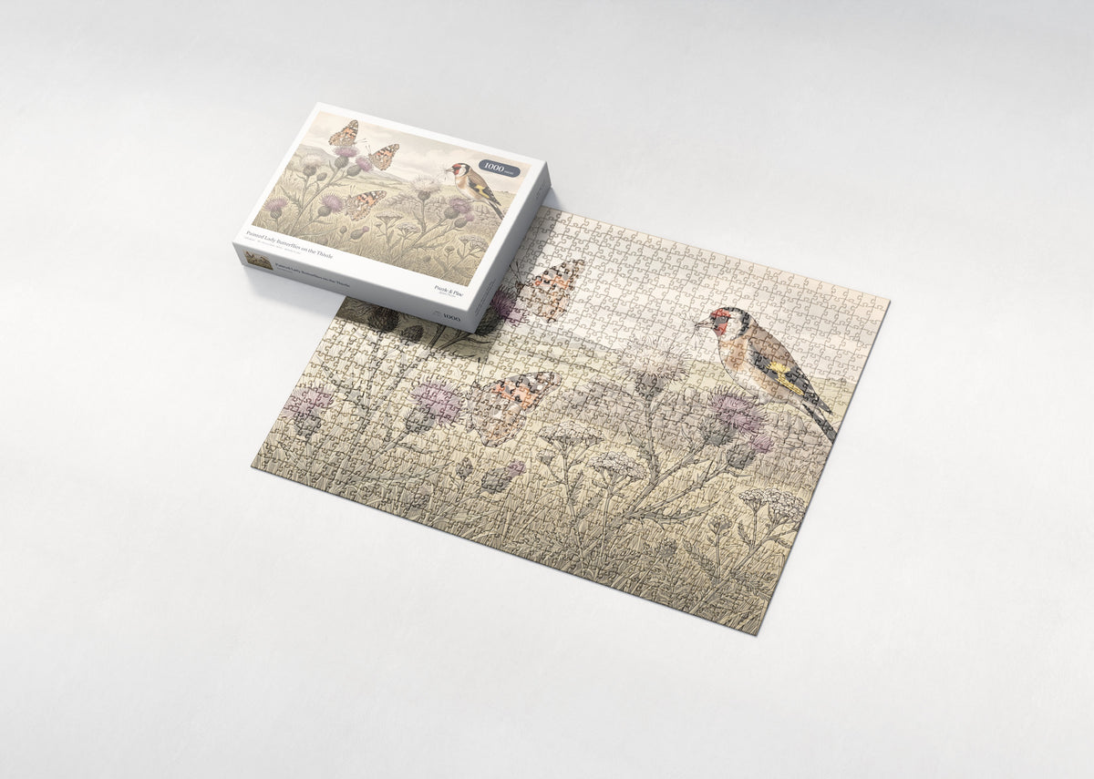 Painted Lady Butterflies on the Thistle jigsaw puzzle - box and puzzle