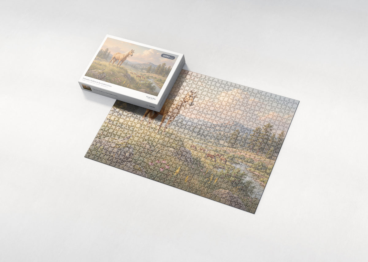 Palomino Stallion in the Golden Grass jigsaw puzzle - box and puzzle