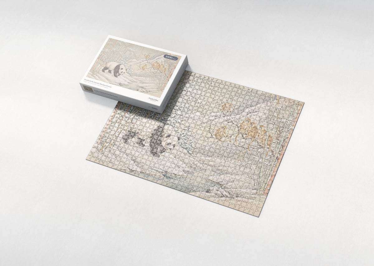 Panda in the Snowy Bamboo Forest jigsaw puzzle - box and puzzle
