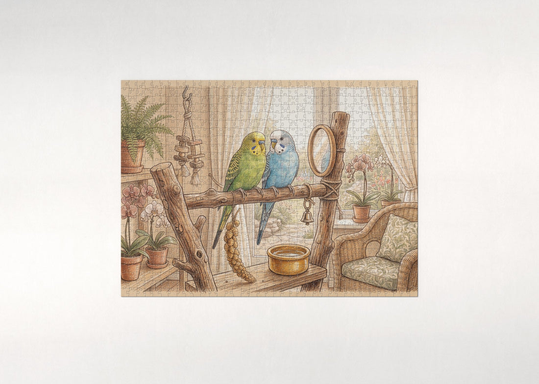 Parakeets on the Perch jigsaw puzzle - gift box