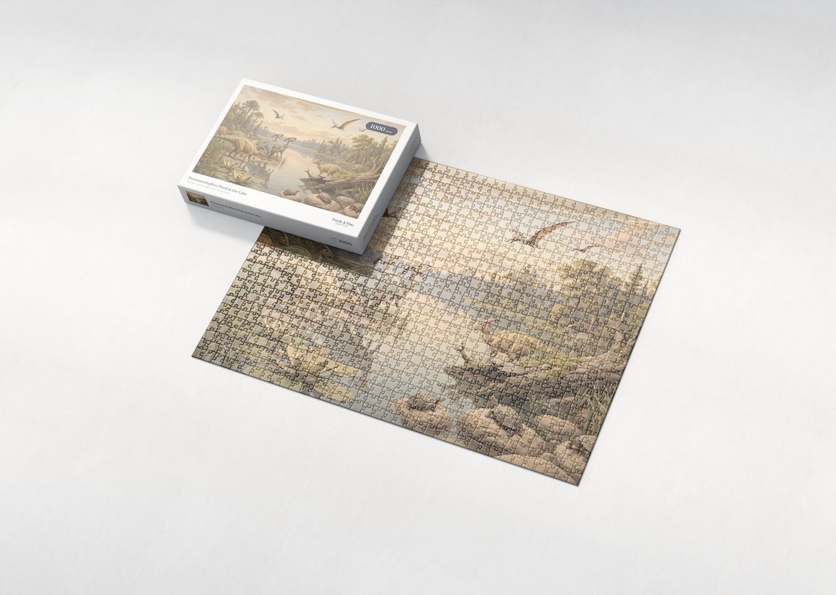 Parasaurolophus Herd at the Lake jigsaw puzzle - box and puzzle