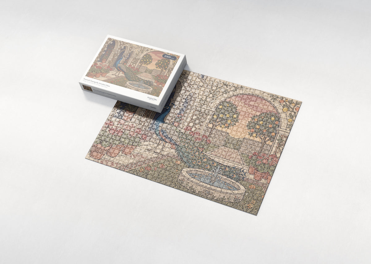 Peacock Among the Jasmine Vines jigsaw puzzle - box and puzzle