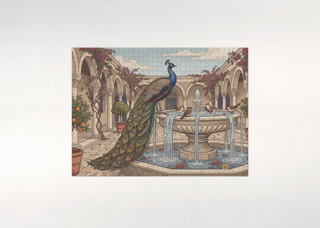 Peacock at the Fountain Courtyard jigsaw puzzle - gift box