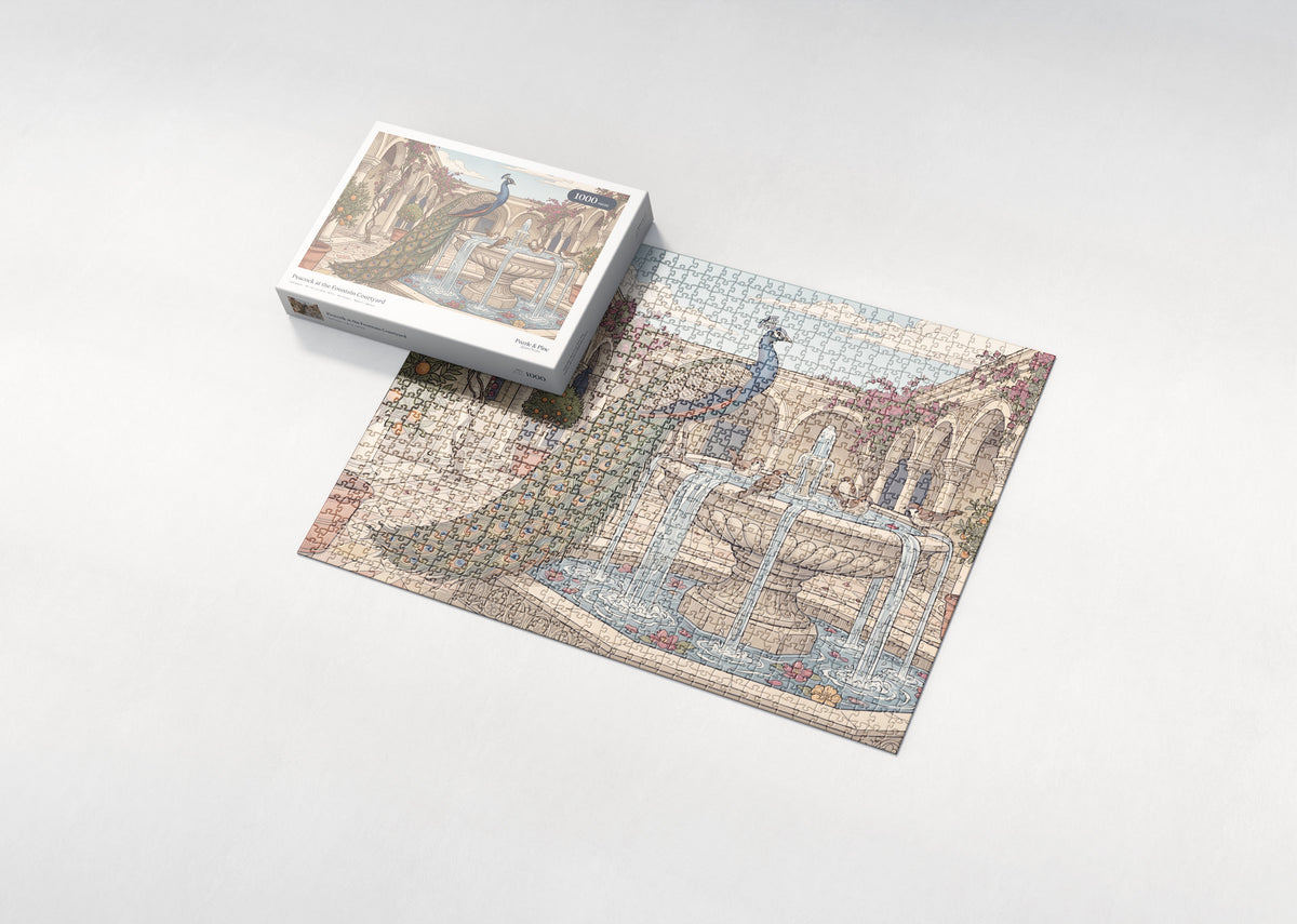 Peacock at the Fountain Courtyard jigsaw puzzle - box and puzzle