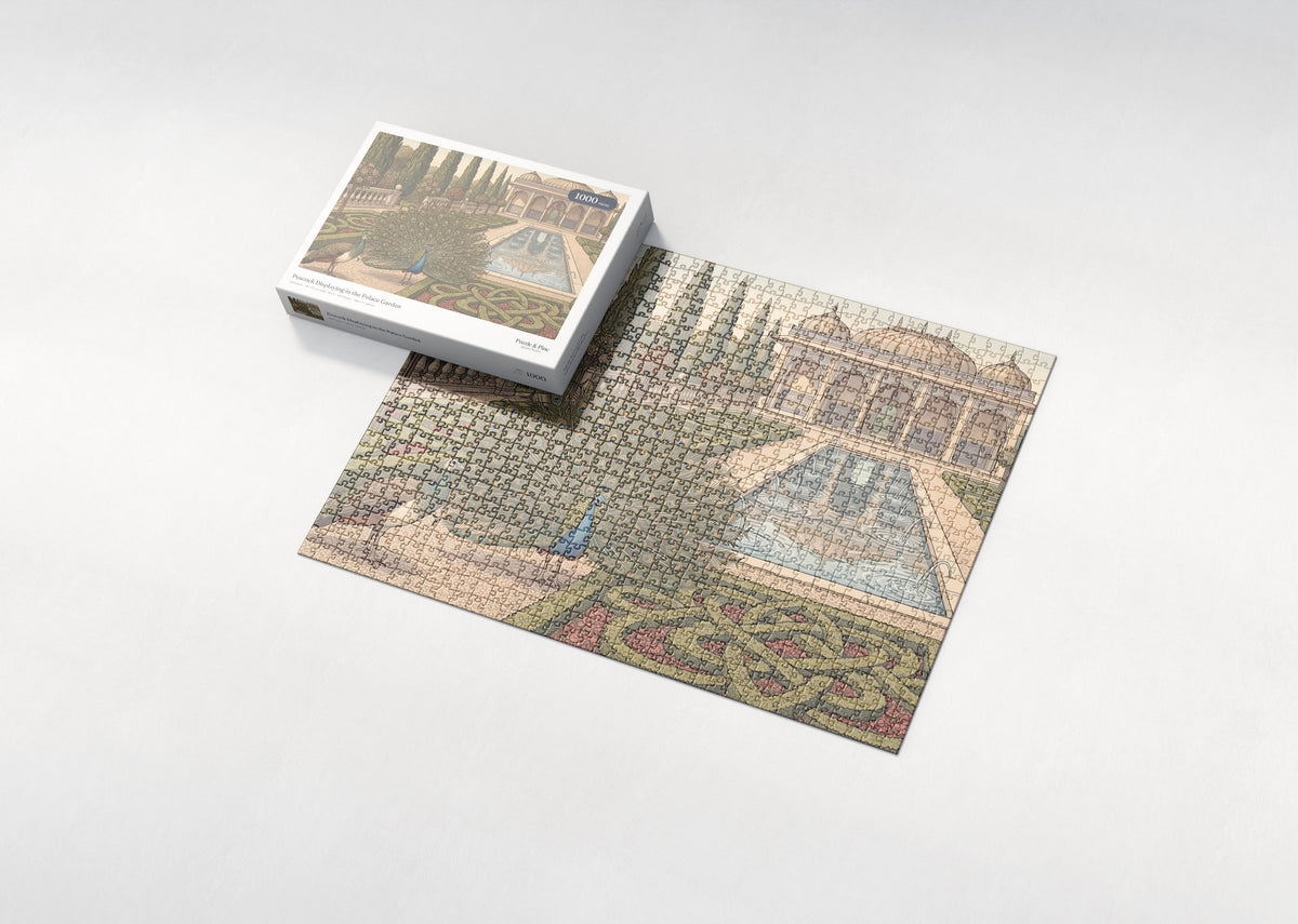 Peacock Displaying in the Palace Garden jigsaw puzzle - box and puzzle