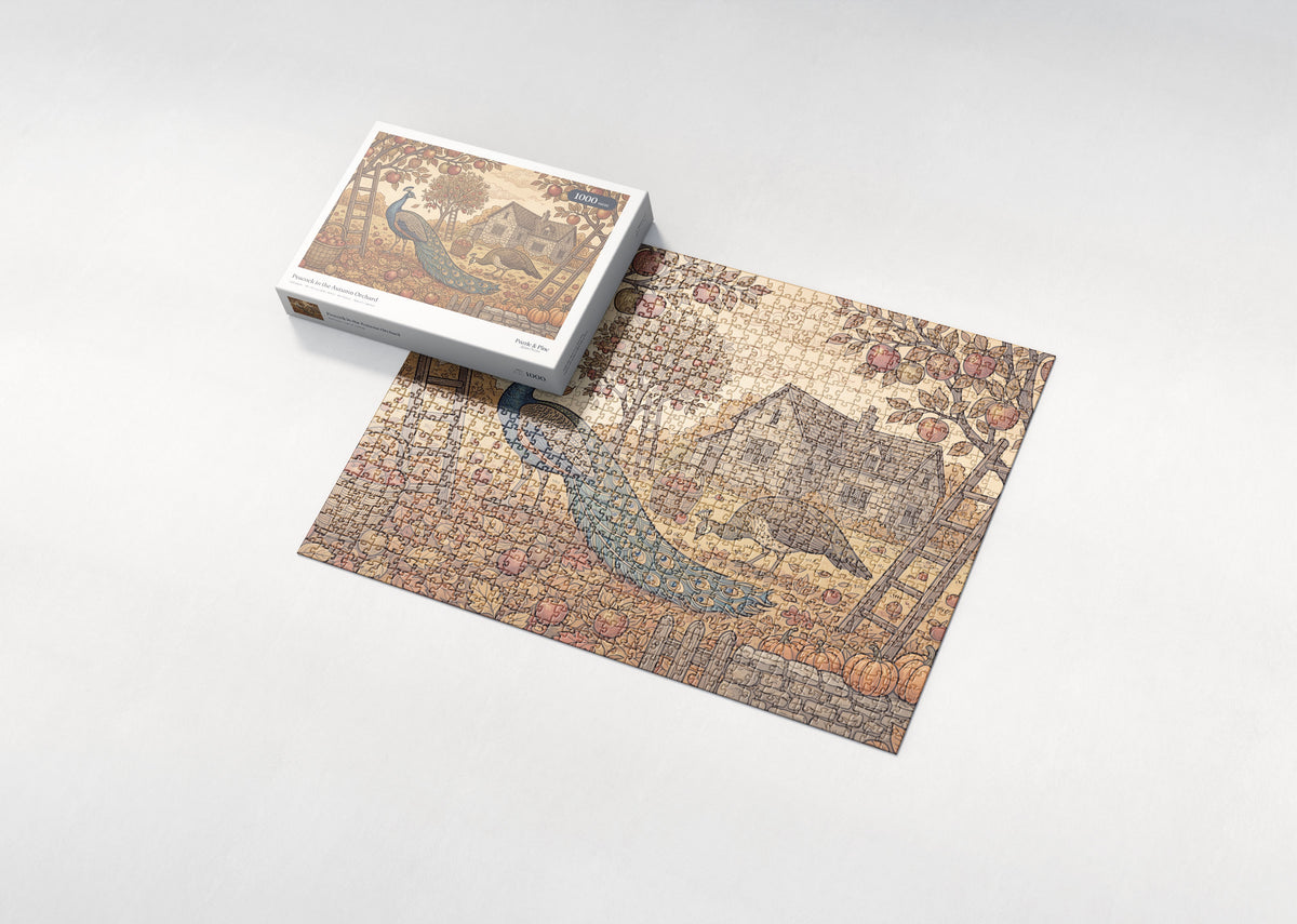 Peacock in the Autumn Orchard jigsaw puzzle - box and puzzle