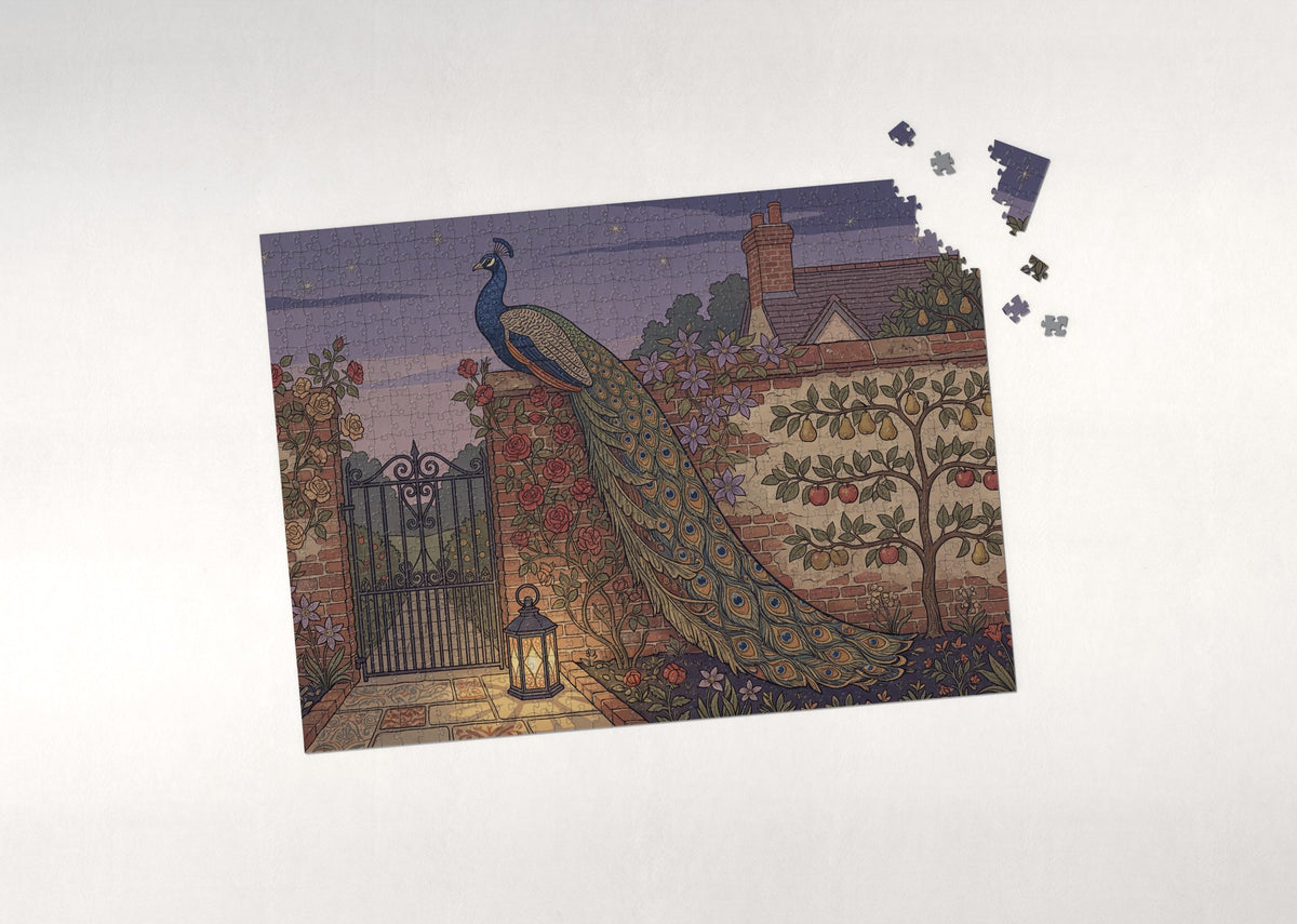 Peacock on the Garden Wall at Dusk jigsaw puzzle - puzzle with loose pieces