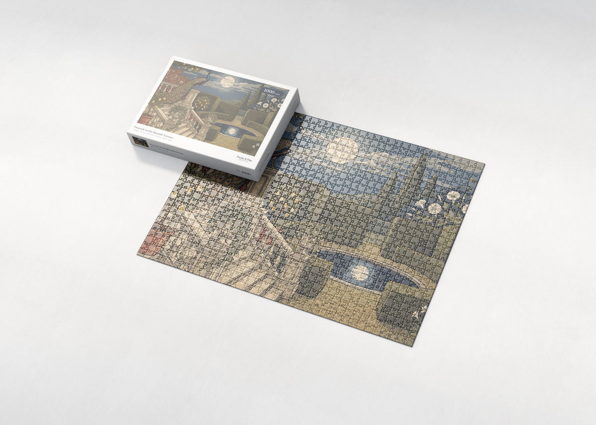 Peacock on the Moonlit Terrace jigsaw puzzle - box and puzzle