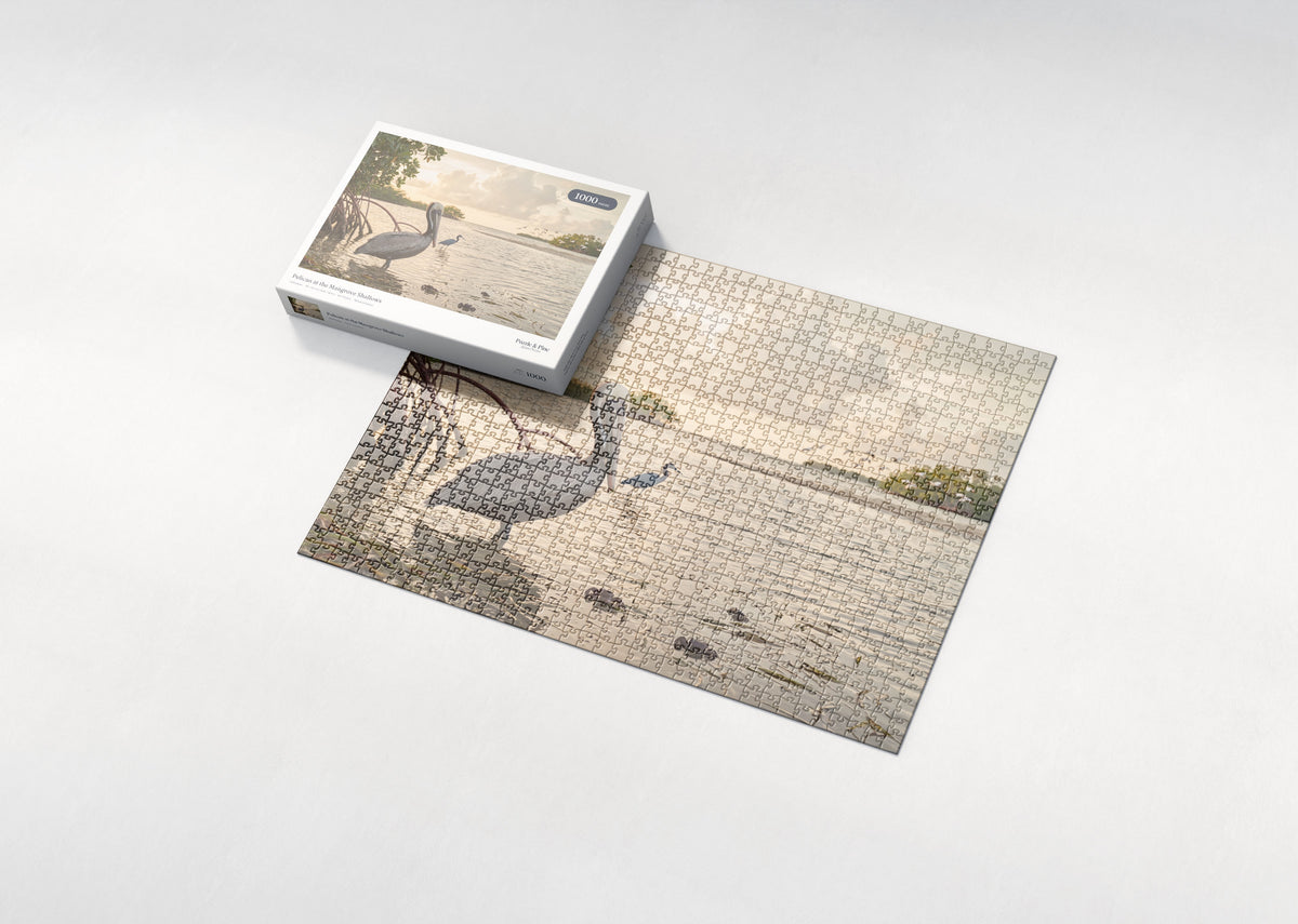 Pelican at the Mangrove Shallows jigsaw puzzle - box and puzzle