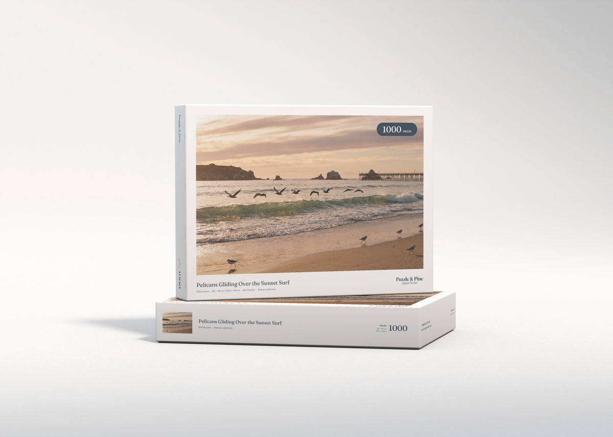 Pelicans Gliding Over the Sunset Surf jigsaw puzzle - gift box