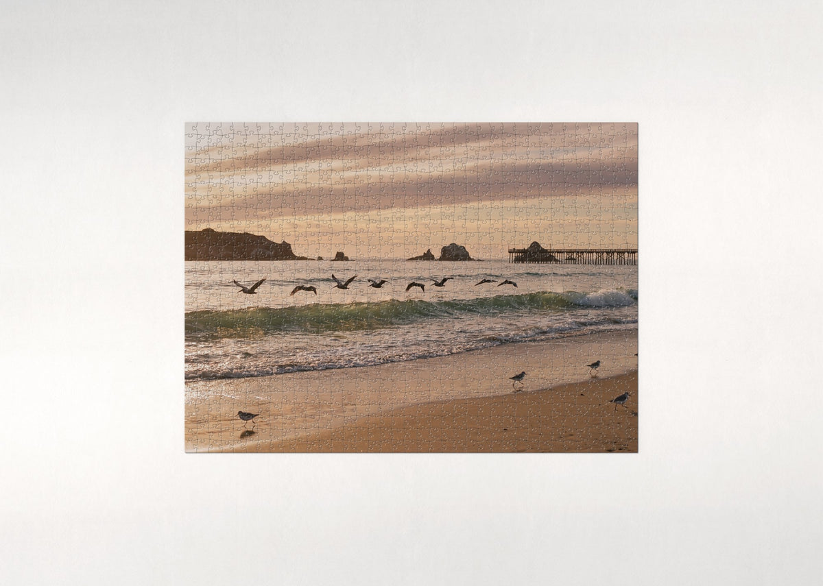 Pelicans Gliding Over the Sunset Surf jigsaw puzzle - flat puzzle