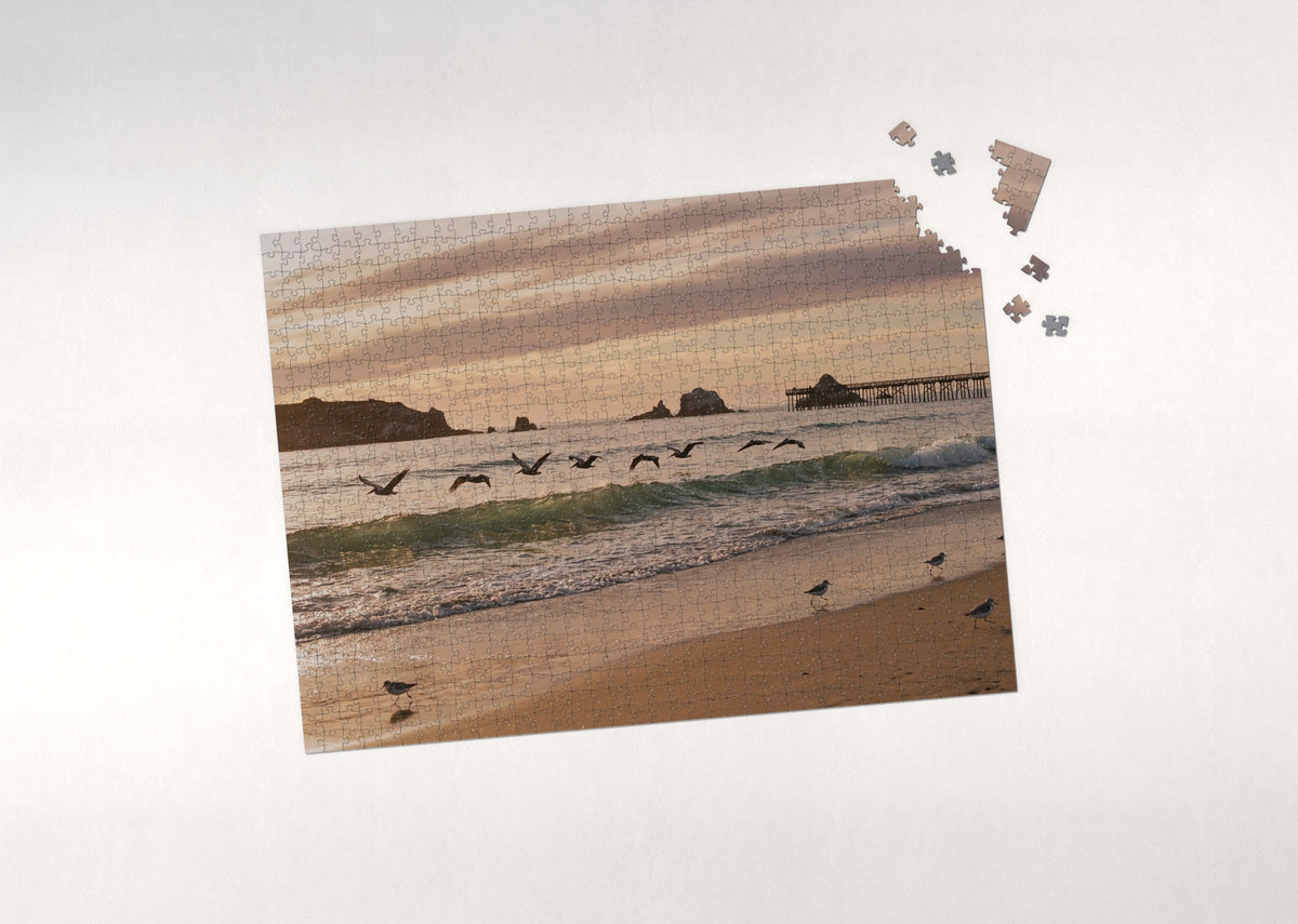 Pelicans Gliding Over the Sunset Surf jigsaw puzzle - puzzle with loose pieces