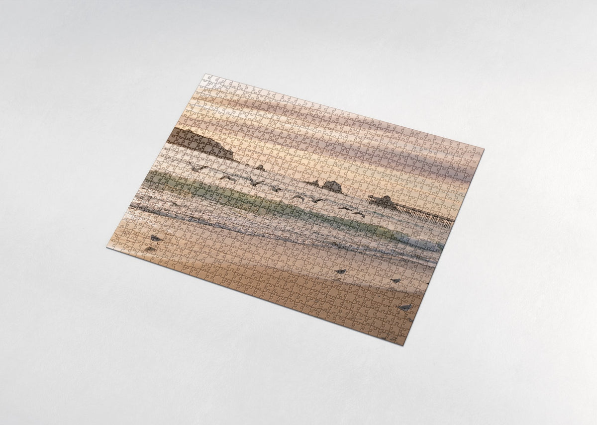 Pelicans Gliding Over the Sunset Surf jigsaw puzzle - assembled puzzle
